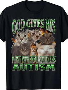 T-Shirt With A Cat Design And The Phrase "Autism To Its Soldiers," Short-Sleeved And Black. Meme-Style Print, Soft And Breathable Fabric, And Youthful. Ideal For Cat Lovers, Casual Events, And Gifts. - 黑色 - 查看 1