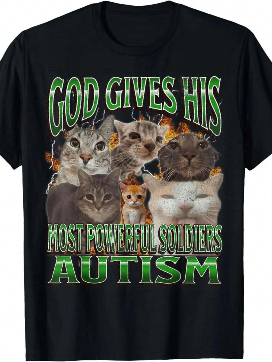 T-Shirt With A Cat Design And The Phrase "Autism To Its Soldiers," Short-Sleeved And Black. Meme-Style Print, Soft And Breathable Fabric, And Youthful. Ideal For Cat Lovers, Casual Events, And Gifts. - 黑色 - 查看 1