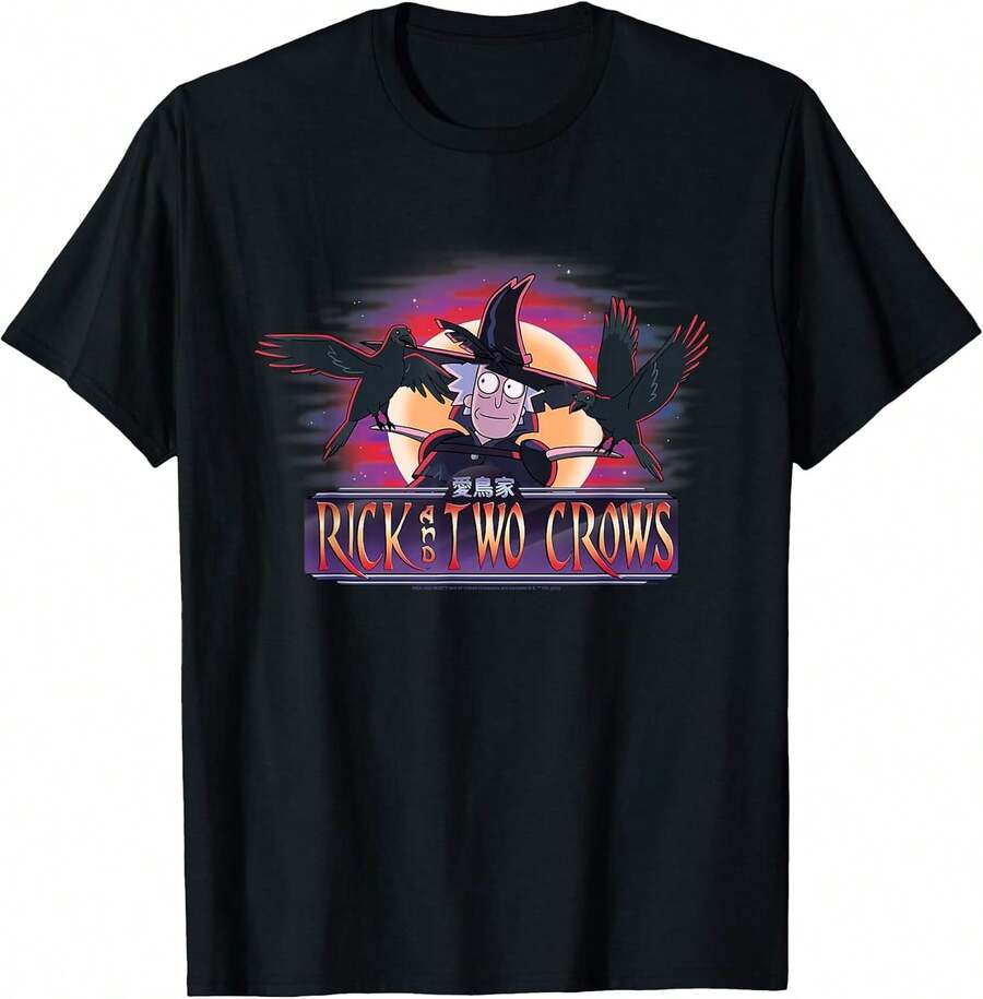 Unisex T-Shirt Made Of Pure Cotton, Rick And Two Crows T-Shirt, Summer T-Shirt, Blouse, Basic Top, Creative Design, Outdoor Game, Cool Style, Fun Design, Ideal For Outdoor Games. - Black - View 1