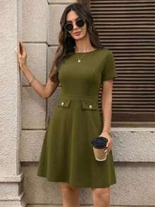Vestido mini elegante y chic de mujer con unicolor, decoración de botones y encaje en la cintura, para el verano - Verde militar - Ver 8