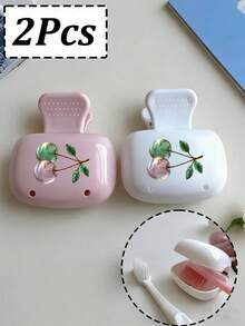 2 件装水晶樱桃造型多巴胺牙刷架 - 可爱漂亮的樱桃图案，家居收纳，牙刷夹和卡通保护套套装，小巧便携设计，方便携带，保护牙刷头，双孔设计便于排水和通风，适合居家、宿舍和外出使用 | 可爱的牙刷头收纳架，浴室整理好帮手，居家、宿舍的理想之选 - 彩色 - 查看 2