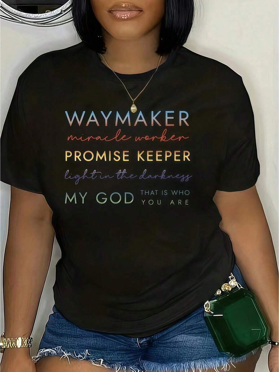 1 pieza de ropa de mujer: camiseta negra con estampado de cita de fe, camisetas, top blanco, camisetas gráficas para mujer, camiseta unisex casual de cuello redondo, tejido ligero de 220 g/m², lavable a máquina, para primavera/verano/otoño, Navidad, Pascua, Acción de Gracias. - Negro - Ver 1