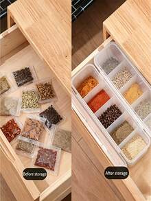 Frascos de especias con 5 compartimentos y contenedores de almacenamiento para refrigerador - Contenedores de almacenamiento divididos para especias, anís estrellado, canela y chiles secos - Uso en cocina y hogar, cajas de almacenamiento selladas con tapa abatible - Multicolor - Ver 7