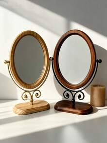 1pc Classic Oval Tabletop Makeup Mirror, 360° Rotating New Chinese Style Wooden Vanity Mirror, Home Decor, Suitable For Dressing Table And Bedroom - Multicolor - View 2