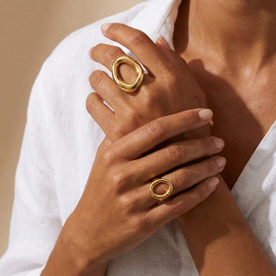 1 chiếc nhẫn tròn rỗng bất đối xứng tối giản, thích hợp cho nữ đeo hàng ngày. - vòng thép không gỉ - Xem 1