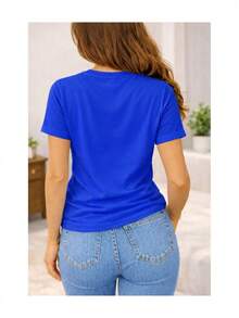 Soft 100% Cotton Short-Sleeved T-Shirt For Women With Watercolor Floral Print And English Phrase, Casual Spiritual Botanical Artistic Design, Breathable Cotton T-Shirt, Goes With Everything, Great. - 藍色 - 查看 3