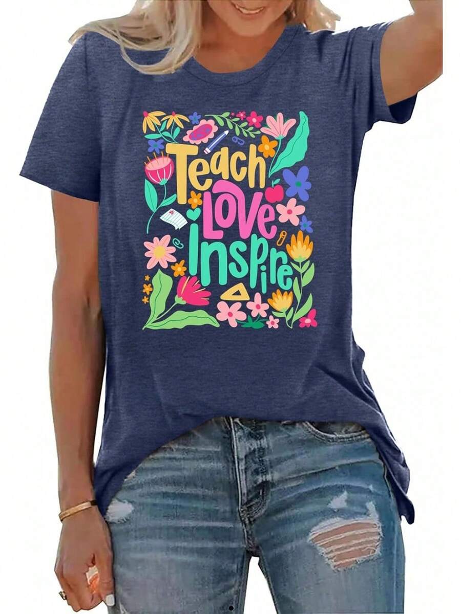 PECHAR-Camisetas de manga corta para profesores, diseño bohemio, diseño floral salvaje - Azul - Ver 1