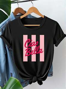 VivaGlam-Women' Italian Ciao Bella Graphic T-Shirt - Black with Pink Vertical Stripes & Italian Phrase "Ciao Bella" Print, Short Sleeve Crew Neck Relaxed Fit Top, Italian Flag Colors (Pink) for Beach Outfits, Casual Wear - Comfortable - Negro - Ver 1