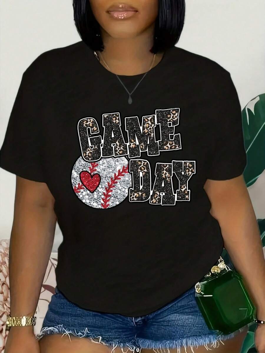 VivaGlam-Plus-Size Women'S Baseball Heart Pattern T-Shirt for Game Day | Casual Short-Sleeve Round-Neck Shirt, Breathable And Close-Fitting, Round-Neck, Slightly Elastic Fabric, Geometric Pattern Design, Suitable for Team Activities And Casual Wear - Negro - Ver 1