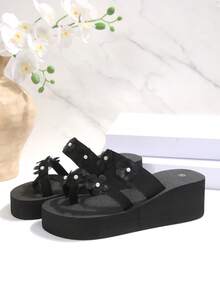 Giày sandal đế xuồng nữ, chống trượt, thoải mái, đế mềm, trang trí hoa và ngọc trai, hở mũi, quai đôi, đế dày, kiểu dáng nghỉ dưỡng châu Âu và Mỹ, thích hợp cho mùa hè, đi biển, hẹn hò, mua sắm, mặc hàng ngày, màu đen. - Hồng - Xem 7