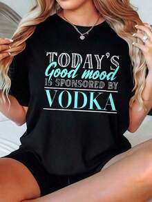 Camisetas de manga corta para mujer - Camiseta casual de cuello redondo, opciones en negro y blanco, estampado con eslogan de vodka, camisetas con frases divertidas, camisetas para uso diario, camisetas de verano, camisetas gráficas, conjuntos de verano para mujer, camisetas gráficas para mujer, tops cortos para mujer, camisetas vintage de algodón, ropa linda para mujer, camisetas unisex de talla grande, ropa casual. - Negro - Ver 7