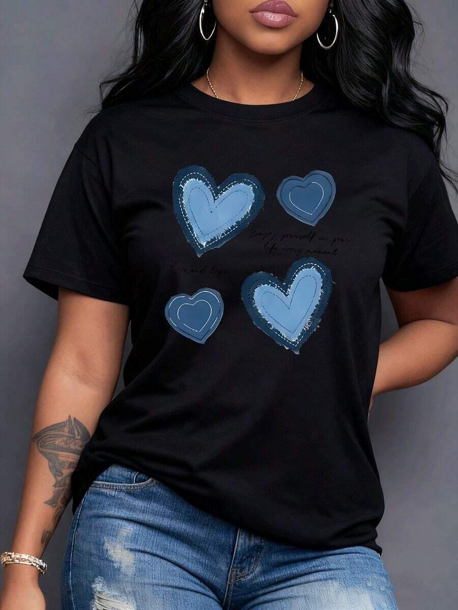 Overlapping Blue Hearts With Stitched Details Symbolize Love, Hope, And The Joy Of Living Each Moment To The Fullest. A Positive And Heartfelt Message. Women's T-Shirt, 100% Cotton. - 黑色 - 查看 1