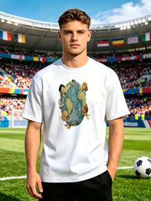 Camiseta de hombre para la Copa Mundial 2026 con un diseño de la Tierra y un niño sosteniendo un globo terráqueo. Confección impresa y bordada. Cómoda y versátil, adecuada para el transporte diario, reuniones informales, atuendos para la Copa Mundial y deportes al aire libre. - Blanco - Ver 8