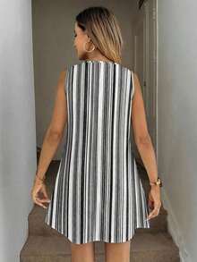Vestido informal de lino sin mangas con corte evasé y bolsillos acolchados, conjunto elegante de vacaciones con estilo "Old Money" para mujer - Multicolor - Ver 2