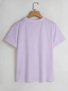 Women's Short-Sleeved T-Shirt With Round Neck, 100% Polyester Fiber, Machine Washable, Easy Care, Casual Design With French-Style Letter And Dessert Print, Romantic Breakfast Print, New Summer Collection 2026, Suitable For Daily Wear And Travel. - 紫色 - 查看 2