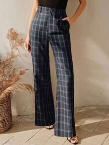Pantalones anchos de talle alto a cuadros azul marino para mujer, pantalones elegantes de primavera/verano para uso casual y formal en la oficina - Azul marino - Ver 1