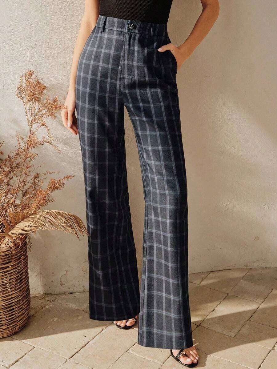 Pantalones anchos de talle alto a cuadros azul marino para mujer, pantalones elegantes de primavera/verano para uso casual y formal en la oficina - Azul marino - Ver 1