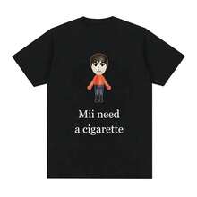Men's Funny Mii Need A Cigarette T-Shirt, Fashionable Cropped Short Sleeve Tee, Barbershop Quartet Day Graphic Tee, Unisex Oversized Soft 220g Cotton T-Shirt For Men And Women, Made Of Durable And Skin-Friendly Premium Fabric With A Soft Feel, Suitable For All Body Shapes And For Everyday Wear. Breathable And Lightweight Casual Tops, Stylish Matching Sets For Autumn, Perfect For Daily Life, Outdoor Activities, Travel, Vacations, And Various Theme Parties Throughout The Year. - 黑色 - 查看 1