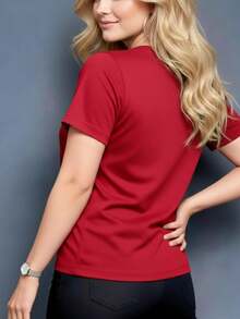 Women's Casual Summer T-Shirt With Pencil Bow Print, Machine Washable, Stretchy Fabric, Ideal For Everyday Wear And Lounging At Home, Versatile Garment, Couple's T-Shirt, Nian Nian Direction, Circles - [紅色的] - 查看 2