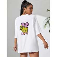 Camiseta con hombros caídos, con estampado de letras y diseños de dibujos animados. - Blanco - Ver 1