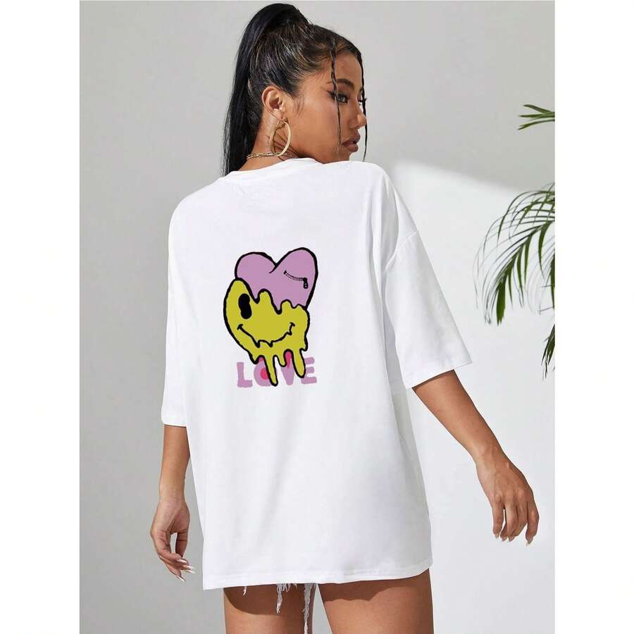 Camiseta con hombros caídos, con estampado de letras y diseños de dibujos animados. - Blanco - Ver 1