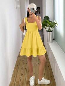 Vestido sin mangas de mujer con dobladillo de volantes, parches de color liso y textura acanalada - Amarillo - Ver 3