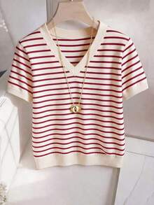 Nueva camiseta de mujer de manga corta con cuello en V a rayas - Multicolor 3 - Ver 9