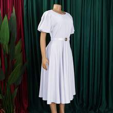 Vestido verano 2026 talla grande, cintura alta y bajo acampanado para mujer - Blanco con cinturón - Ver 3