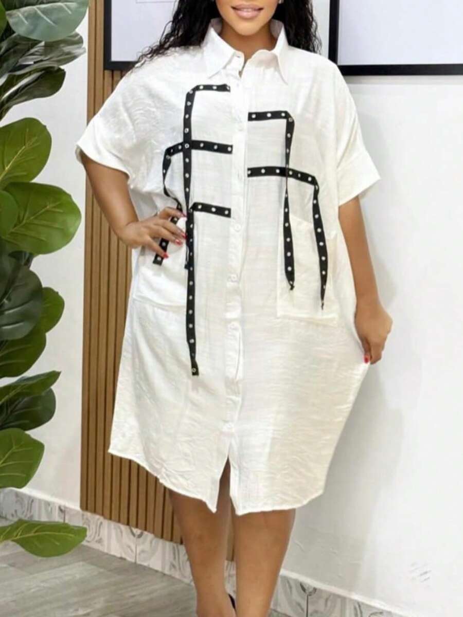 Loose-Fitting Midi Shirt Dress 2026 With Lapel And Short Sleeves - 白色 - 查看 1