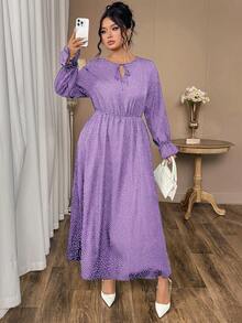 Vestido largo holgado de manga larga con estampado de lunares para talla grande - Morado - Ver 1