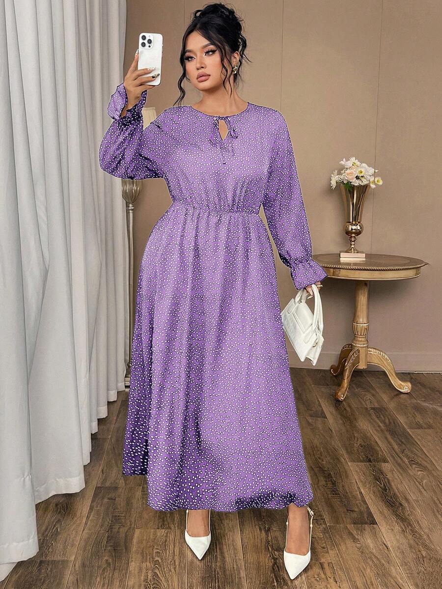 Vestido largo holgado de manga larga con estampado de lunares para talla grande - Morado - Ver 1