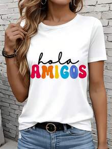 Women's Short-Sleeved T-Shirts In Black And White Are Suitable For Everyday Wear, Lounging At Home, And Outdoor Activities. Hello Friends, Women's Colorful Rainbow Graphic T-Shirt, Casual Summer Top, Fashionable Shirt, Gift For Parties And Holidays. - 白色 - 查看 7