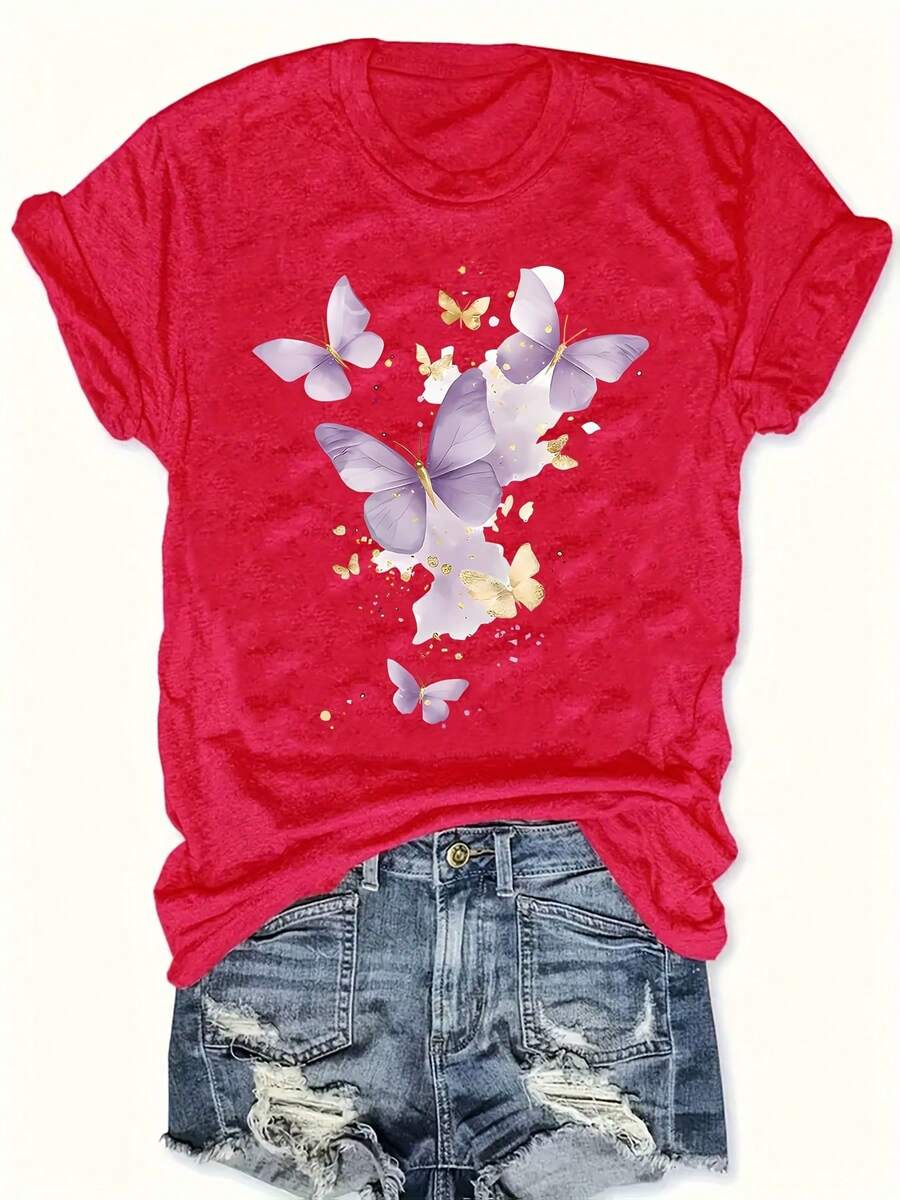 Plus Size Women's Plus Size T-Shirt With Purple Butterfly And Letter Print - Round Neck, Warm And Casual For Winter, Comfortable Casual Clothing For Plus Sizes, Cozy Machine Washable Blouse For Autumn And Winter - 紅色 - 查看 1