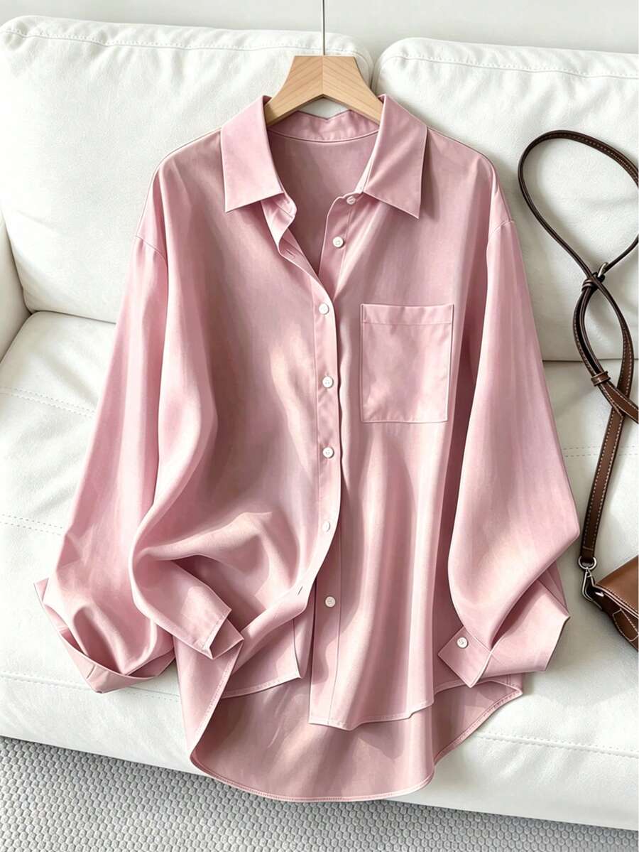 Plus Size Women's Solid Color Front Button Office & Casual Loose Long ...