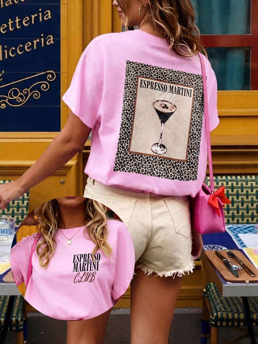 Áo thun crop top nữ phong cách Y2K mùa hè in hình cocktail Margarita, áo thun đồ họa, áo nữ thường ngày - Hồng - Xem 1