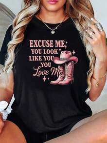 Camiseta de Mujer con Estampado "Disculpe, Parece que Me Amas" - Top Casual de Manga Corta y Cuello Redondo, Ideal para Verano y Primavera, Camiseta Romántica Ideal para Fotos, Lavable a Máquina, Ropa Casual y para Eventos Temáticos - Negro - Ver 6