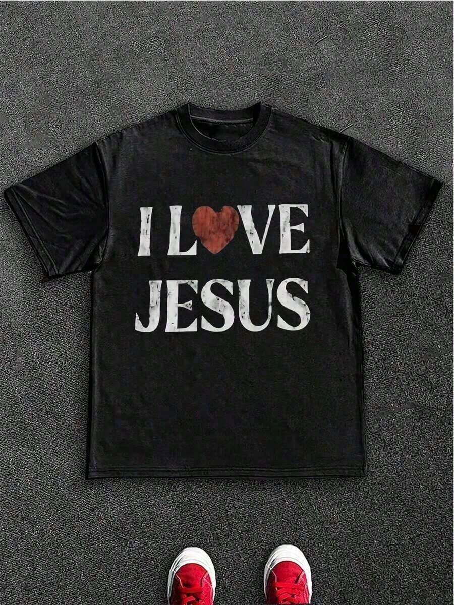 1 Men's T-Shirt, 100% Cotton, With A Distressed "I Love Jesus" Graphic Print. Perfect For Everyday Wear By Christian Men, It Makes An Ideal Gift. 180g 100% Cotton. - 黑色 - 查看 1