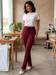Women's Slim Fit Ribbed Knit Pants With High Waist And Adjustable Drawstring, Casual, Autumn/Winter Knitwear - 藏蓝色 - 查看 7