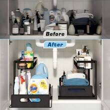 2pcs Under Sink Organizer, Pull-Out Storage Rack, 2-Tier L-Shaped Sliding Drawer, Slide Out Cabinet Organizers And Storage, Multi-Purpose Bath Collection Baskets For Bathroom, Kitchen, Pantry, Closet Sorting Rack, Kitchen Accessories - Red and White - View 4