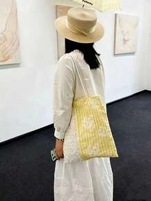 2026 Summer Limited Edition Custard Yellow Plaid Lace Tote Bag, Sequin Patchwork Niche Design Shoulder Bag - Yellow - View 2