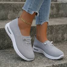 Women's Breathable Knit Slip-On Tennis Shoes - Lightweight, Comfortable Wedge Sneakers For Casual Walking & Daily Wear - 淺灰色 - 查看 4