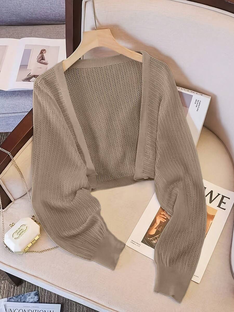 Áo khoác ngoài dệt kim tay dài cổ chữ V khoét lỗ dáng rộng dành cho nữ. - Màu Khaki - Xem 1