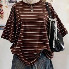 Striped Digital Print Casual Plus Size Women Long Round Neck Drop Shoulder T-Shirt, Gift For Friends - Multicolor - Ver 11