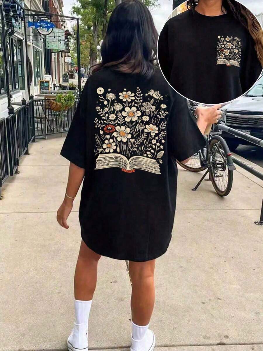 Plus Size T-Shirt With Summer Floral Print - Negro 5 - View 1