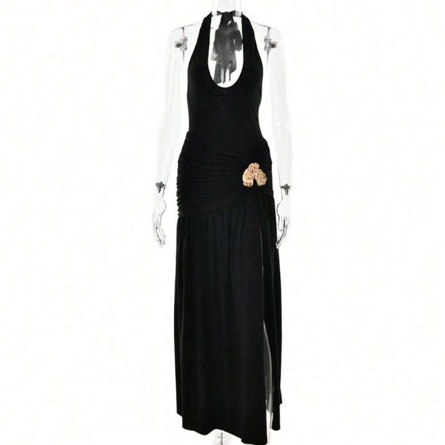 Women's Long Dress Autumn New Fashion Sexy Backless Decorated Pendant Monochromatic Neckline Hip Set Elegant, Comfortable And Casual Party Dress - 黑色 - 查看 1