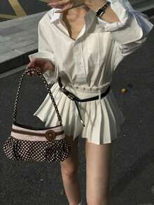 2026 New Retro Polka Dot Underarm Bag, Gentle Ruched Cloud Decor Button Accent Soft Sweet Girl Shoulder Bag - Brown - View 3