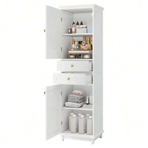 Bathroom Cabinet Measuring 45x36x160cm, Glass Doors, Two Cabinets, Two Drawers, Adjustable Shelves, Gold Handles, Drawer Guides At The Bottom, White Color. - White - View 1