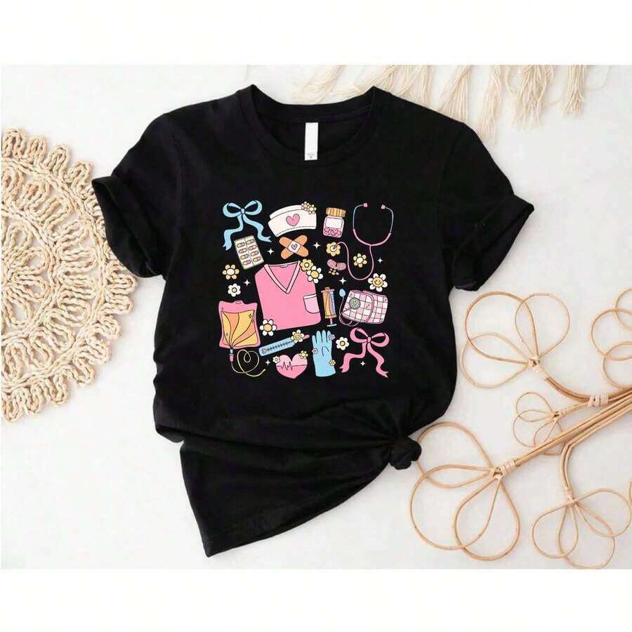 1 pieza de camiseta de enfermera HIPTEE 100% algodón, camiseta para enfermera registrada, camiseta de enfermería, RN, LPN, NP, Groovy, Retro, Coquette, Whimsical, Graduación, regalo para enfermera - Top unisex para uso diario en el campus para mujeres y hombres, 180g 100% algodón, todos los diseños están impresos. Unisexo. - Negro - Ver 1