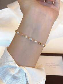Shescity 1pc Copper Material Dopamine Colorful Pearl Bracelet, Elegant And Sweet Accessory - Yellow Gold - View 2