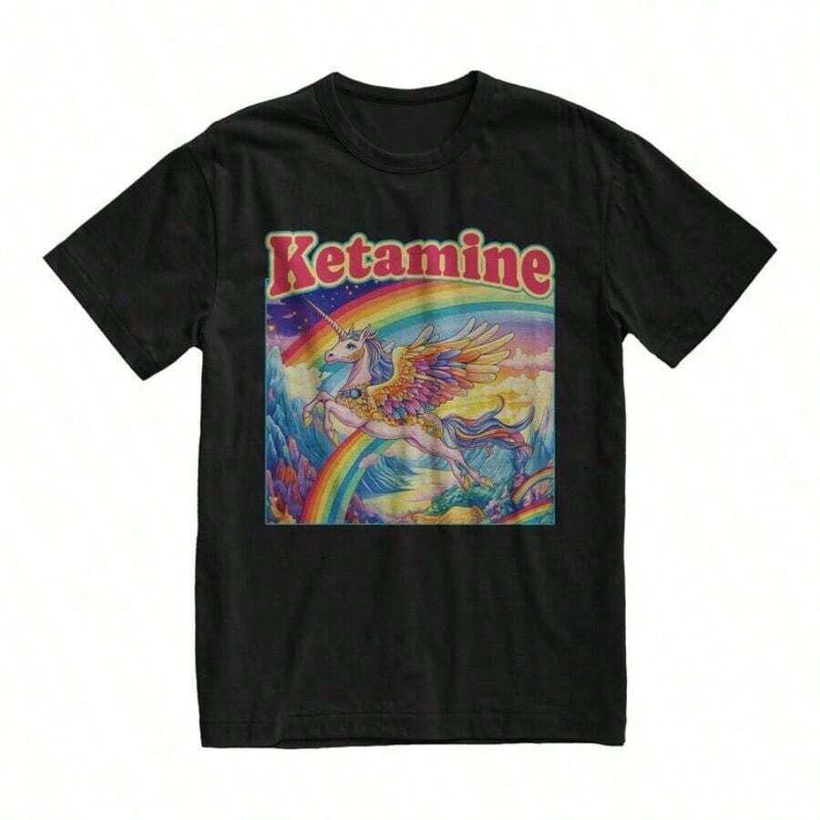 1 camiseta Ketamin Rainbow Unicorn, camiseta divertida con memes, camiseta graciosa, camiseta de gimnasio divertida, camiseta "Unhinged", regalos para novios, Brainrot, 180g, 100% algodón suave. - Negro - Ver 1